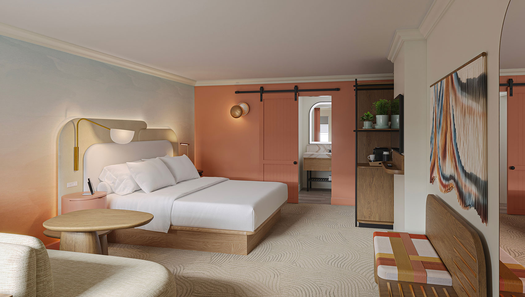 Kimpton Miralina guest room with a king bed and seating area